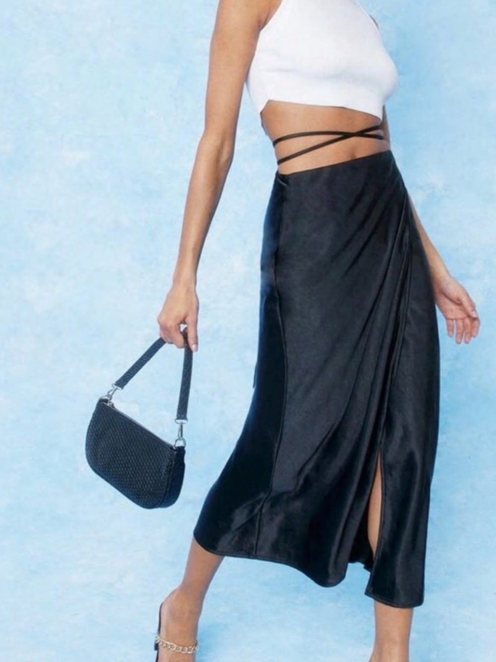 Nasty Gal Black Satin Wrap Midi Skirt with Side Slit